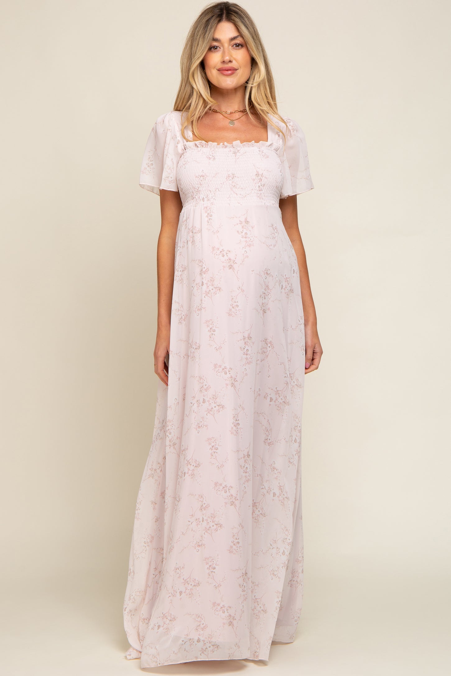 Light Pink Floral Smocked Chiffon Maternity Maxi Dress
