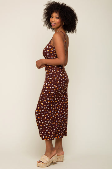 Brown Floral Sleeveless Midi Dress