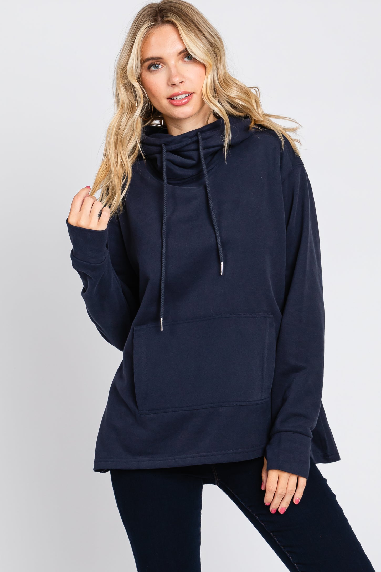 Navy Cowl Neck Maternity Hooded Sweatshirt