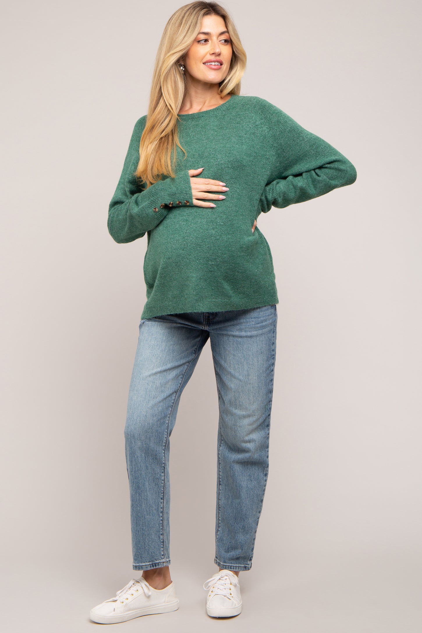 Green Button Accent Solid Maternity Sweater