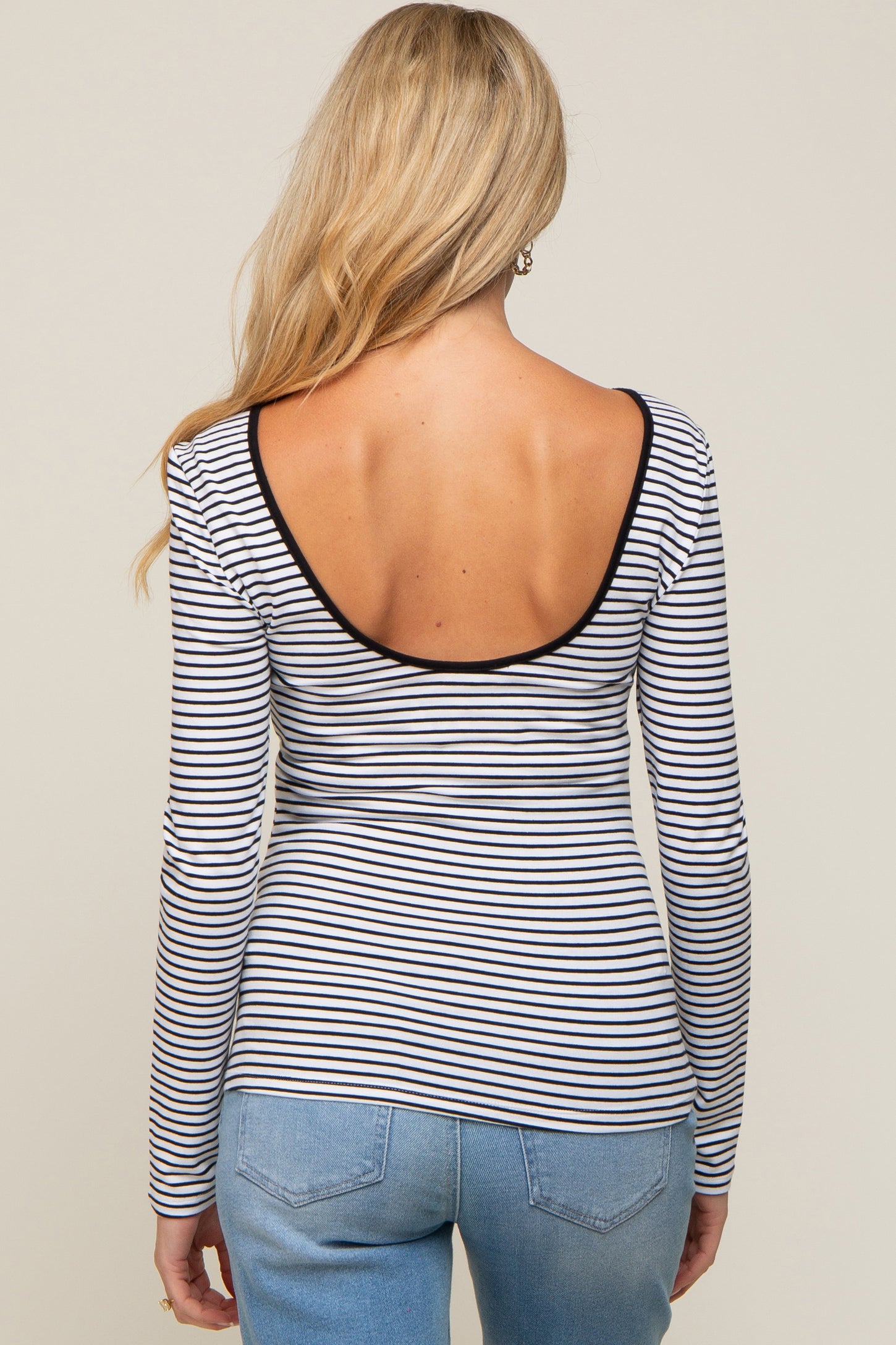 Ivory Striped Long Sleeve Scoop Back Top