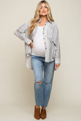 White Textured Stripe Button Down Hi-Low Maternity Top