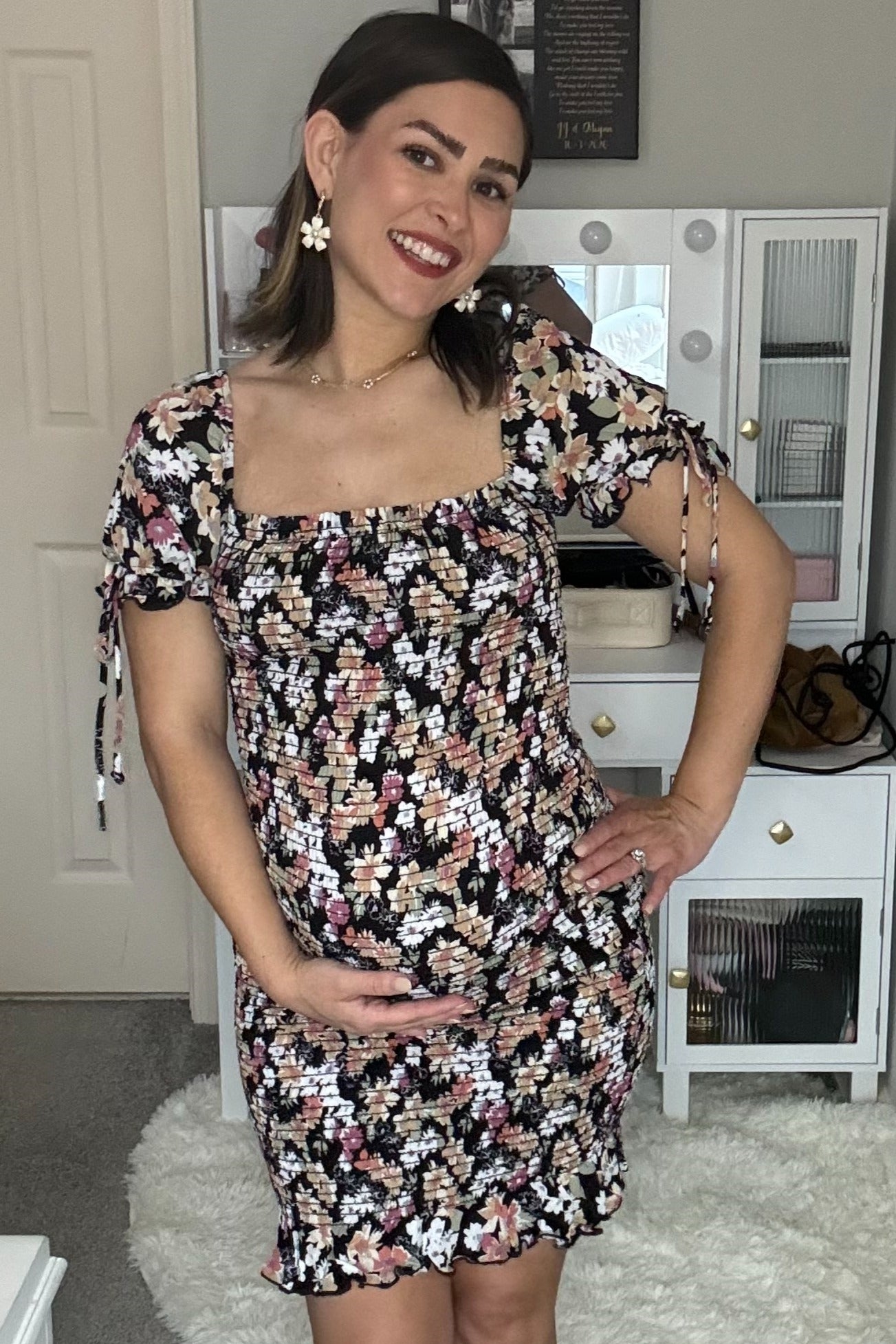 Black Floral Smocked Puff Sleeve Maternity Dress