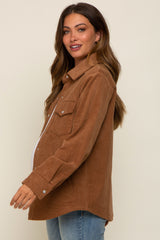 Camel Corduroy Button Front Long Sleeve Maternity Top