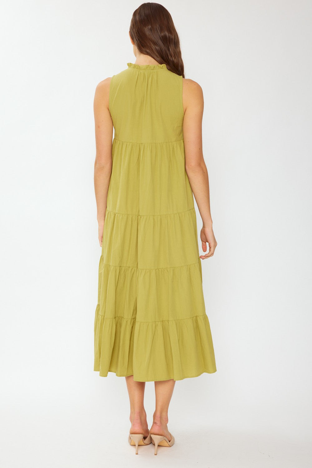 Green Tiered Linen Blend Solid Midi Dress