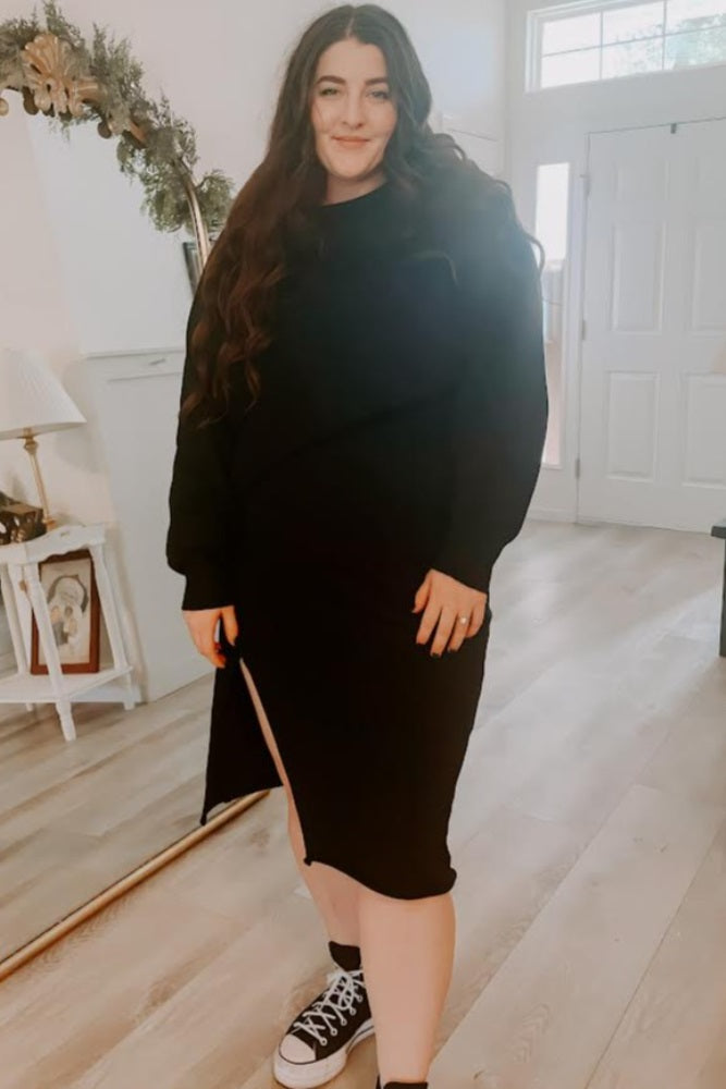 Black Knit Long Sleeve Crop Top Midi Skirt Set