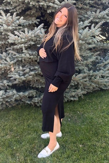 Black Knit Long Sleeve Crop Top Maternity Midi Skirt Set