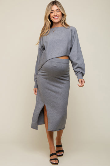 Grey Knit Long Sleeve Crop Top Maternity Midi Skirt Set