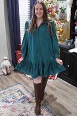 Hunter Green Button Down High Neck Long Sleeve Maternity Dress