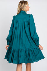 Hunter Green Button Down High Neck Long Sleeve Dress