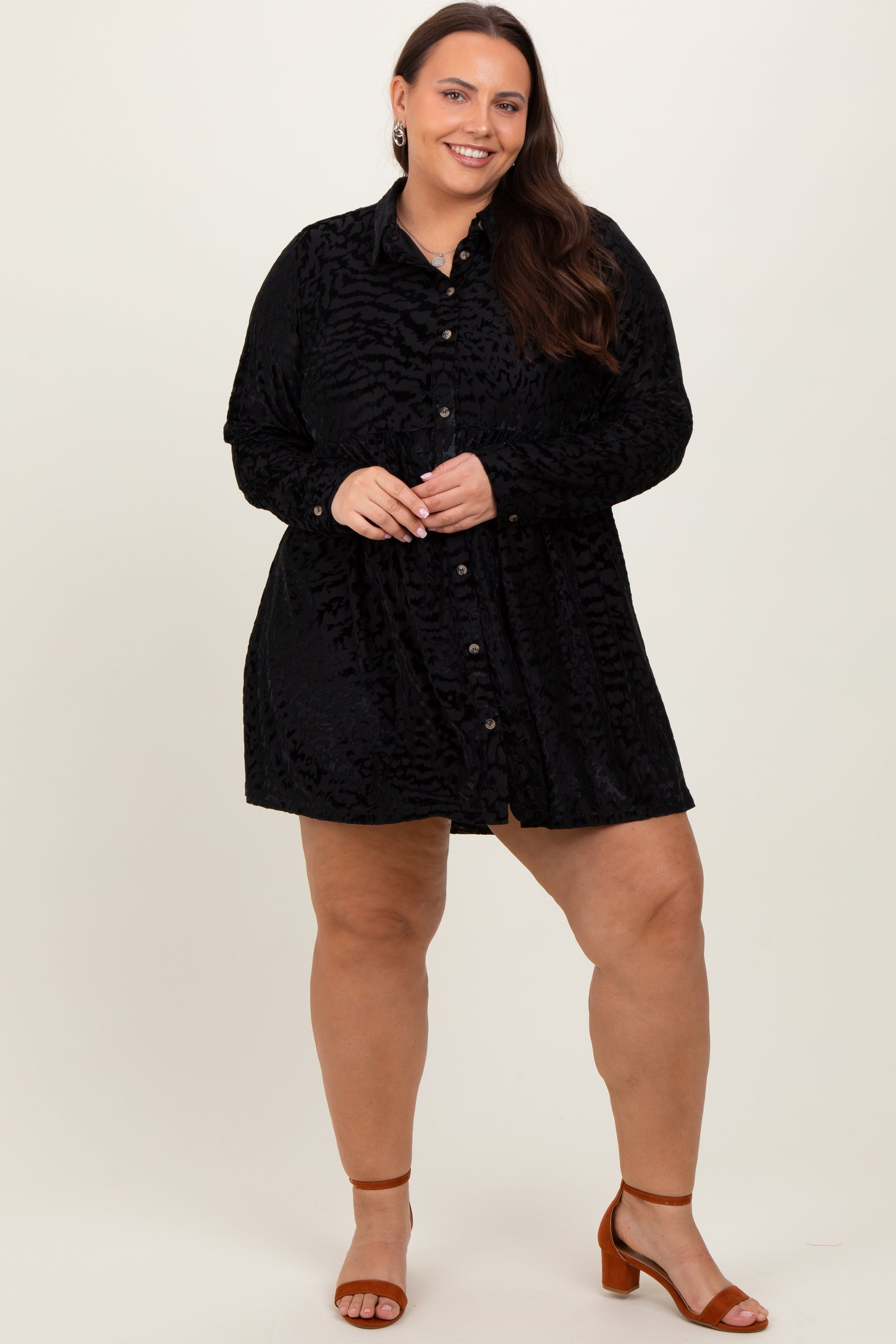 Black Burnout Velvet Maternity Plus Button Up Dress