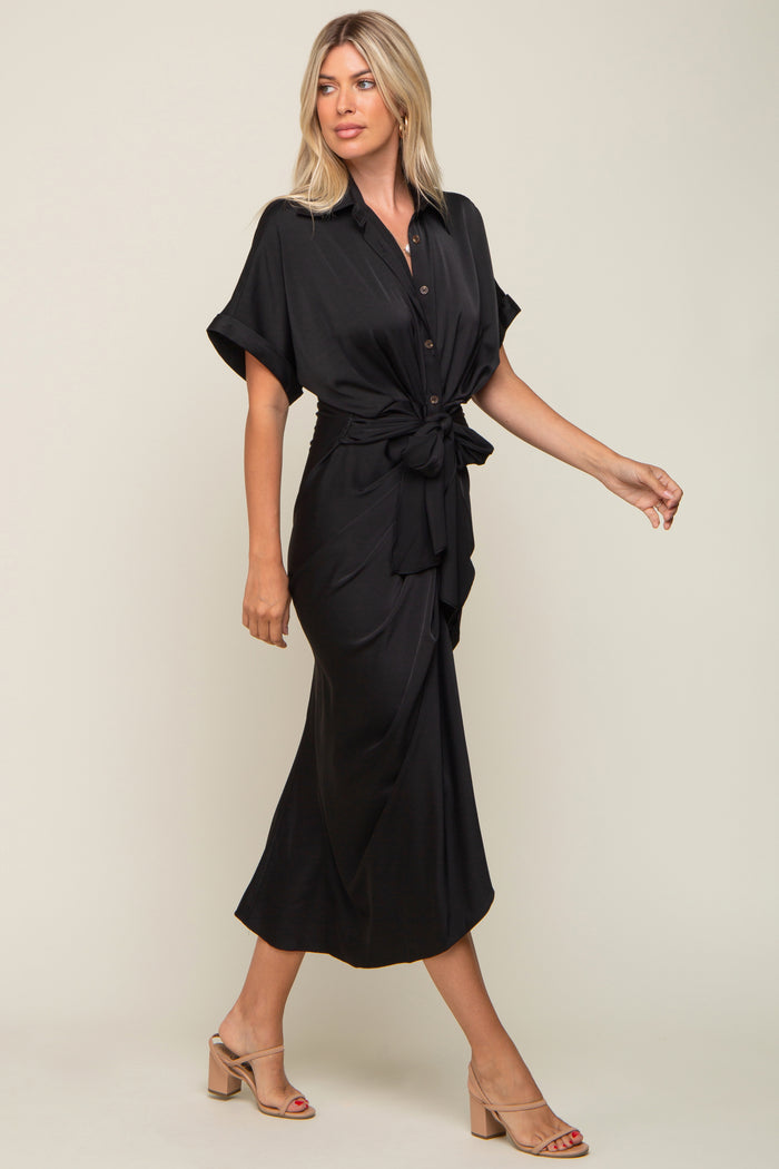 Black Satin Button Down Gathered Midi Dress