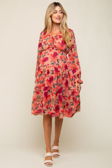 Mauve Floral Ruffle V-Neck Maternity Dress