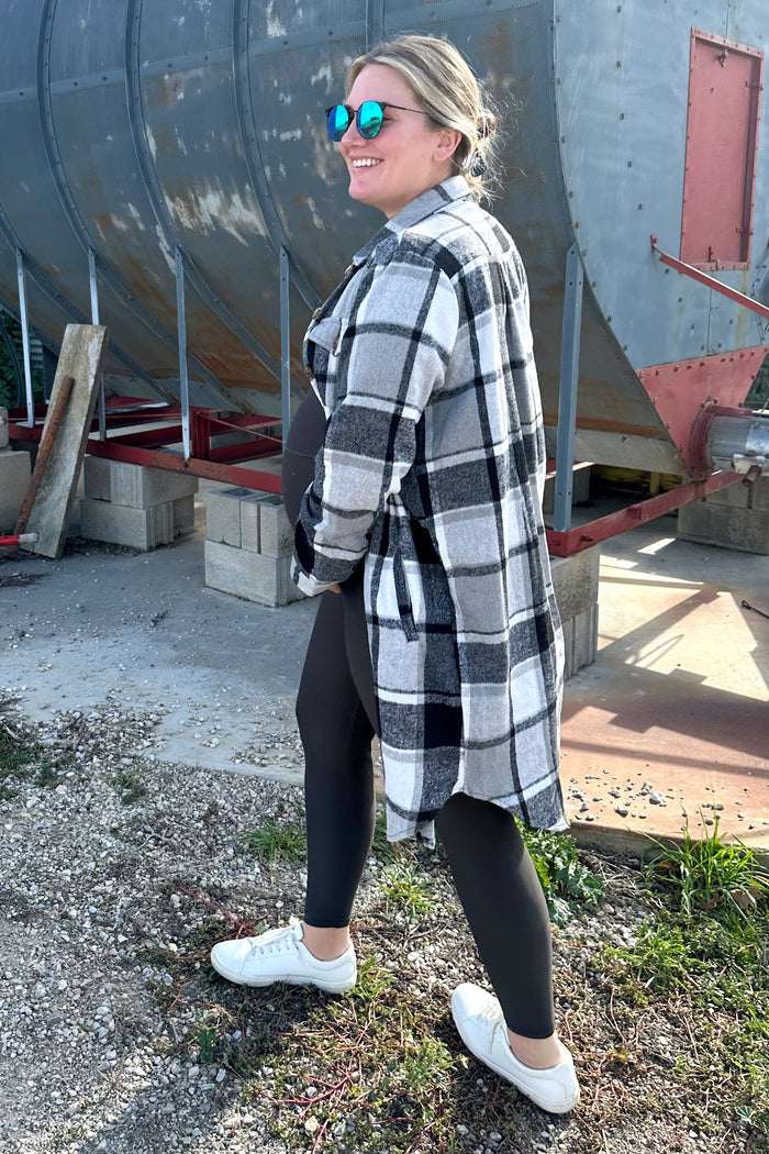 Black Plaid Fleece Maternity Long Shirt Jacket