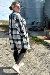 Black Plaid Fleece Long Shirt Jacket