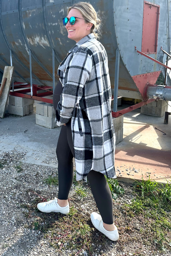 Black Plaid Fleece Maternity Long Shirt Jacket