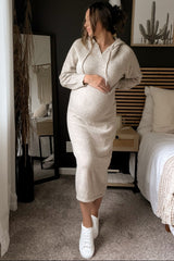 Beige Hooded Maternity Sweater Midi Dress