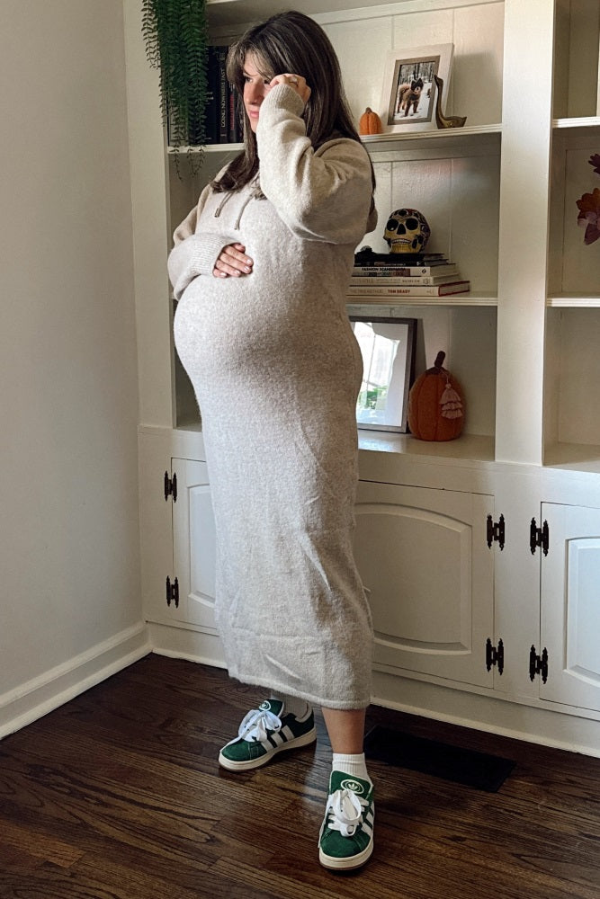 Beige Hooded Maternity Sweater Midi Dress