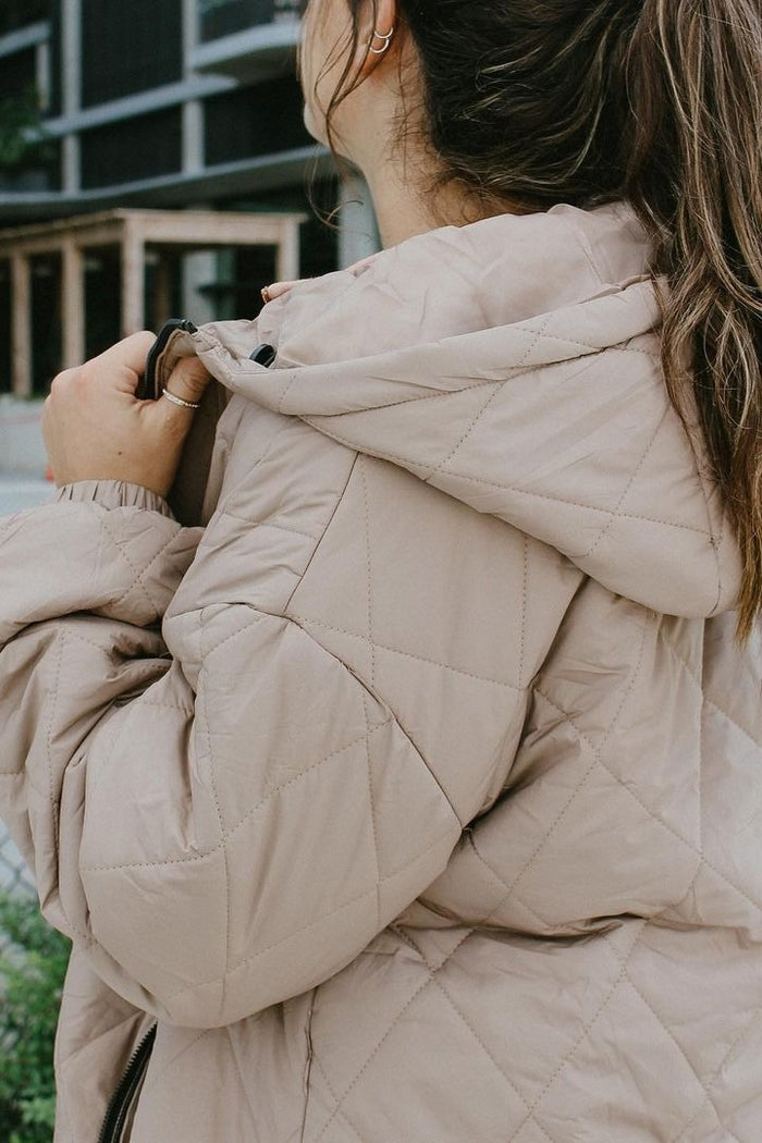 Light Taupe Quilted Long Puffer Jacket