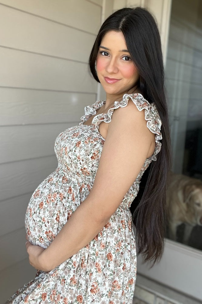 Beige Sleeveless Floral Smocked Ruffle Maternity Jumpsuit