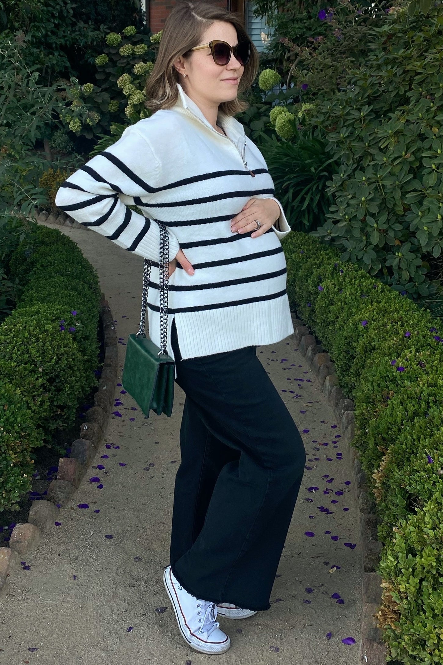 Ivory Striped Half Zip Maternity Sweater