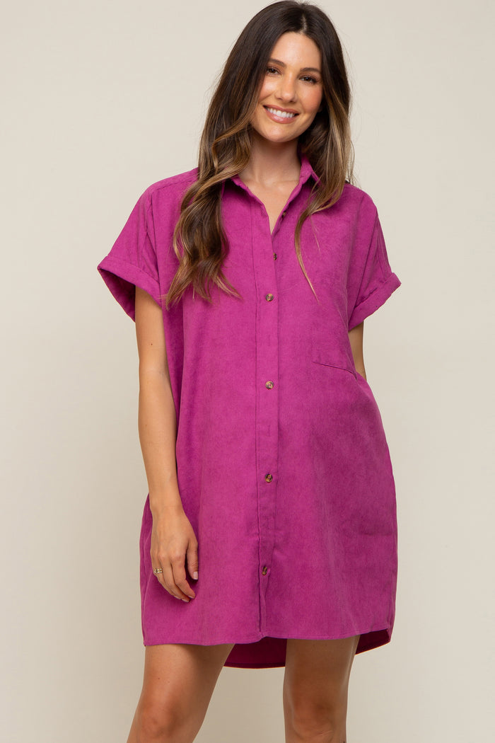 Magenta Ribbed Button Down Maternity Mini Dress