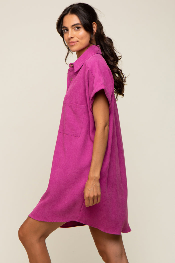 Magenta Ribbed Button Down Mini Dress