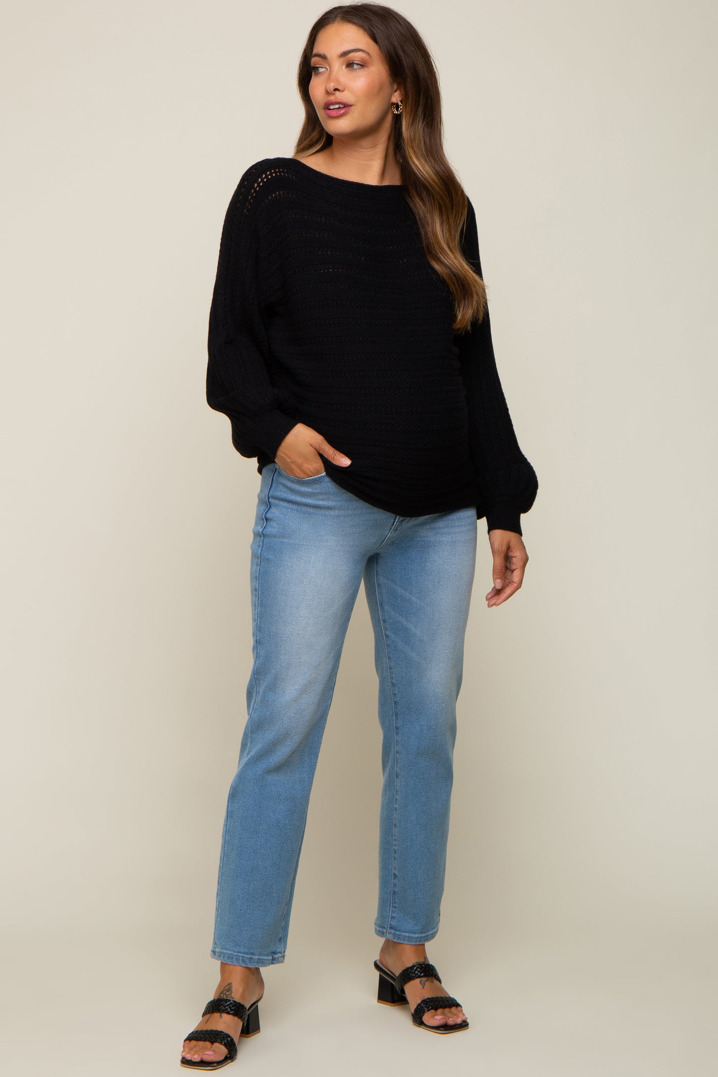 Black Crochet Dolman Sleeve Maternity Sweater