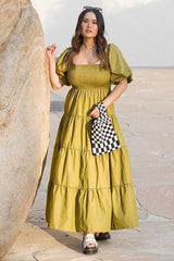 Light Olive Square Neck Smocked Puff Short Sleeve Tiered Midi Dress