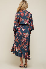 Dark Teal Satin Asymmetrical Flounce Trim Maternity Midi Dress