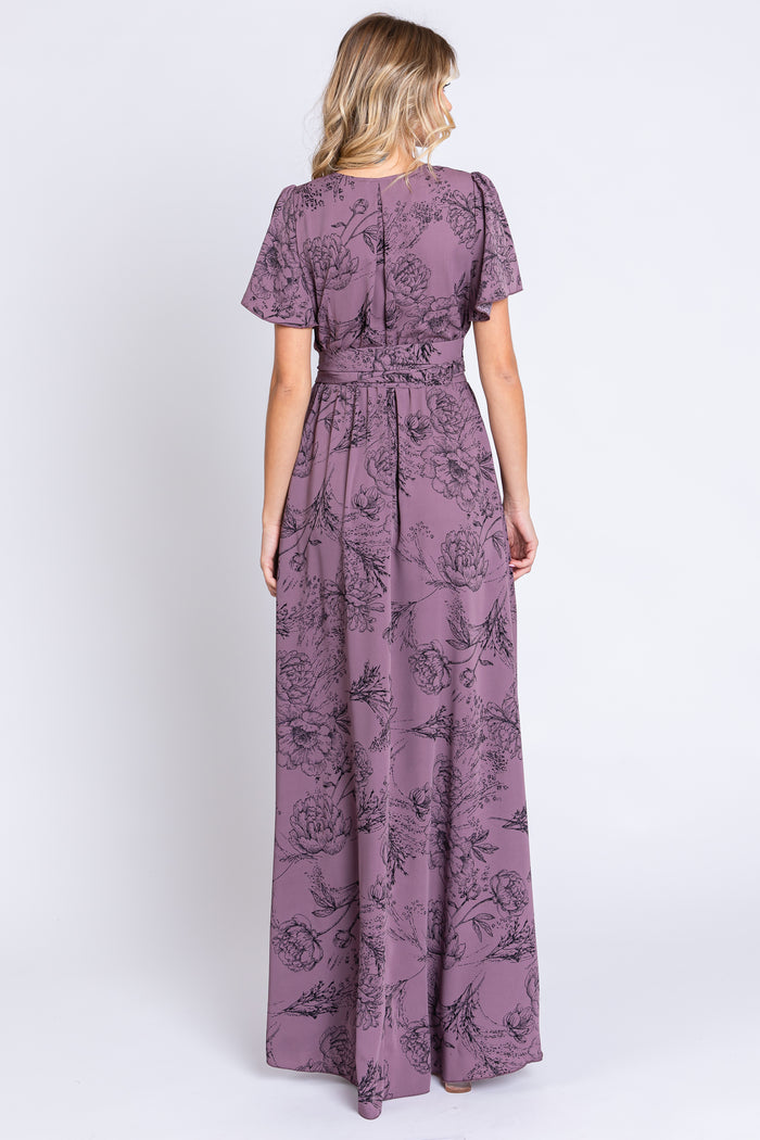 Purple Floral Wrap Front V-Neck Flutter Short Sleeve Maxi Dress