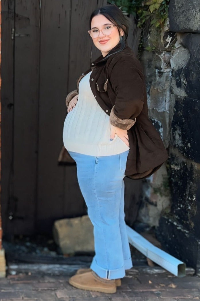 Brown Corduroy Sherpa Lined Maternity Shacket