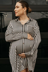 Black Cream Striped Collared Button-Down Maternity Dress