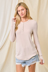 Cream Button Front Soft Knit Long Sleeve Henley Top