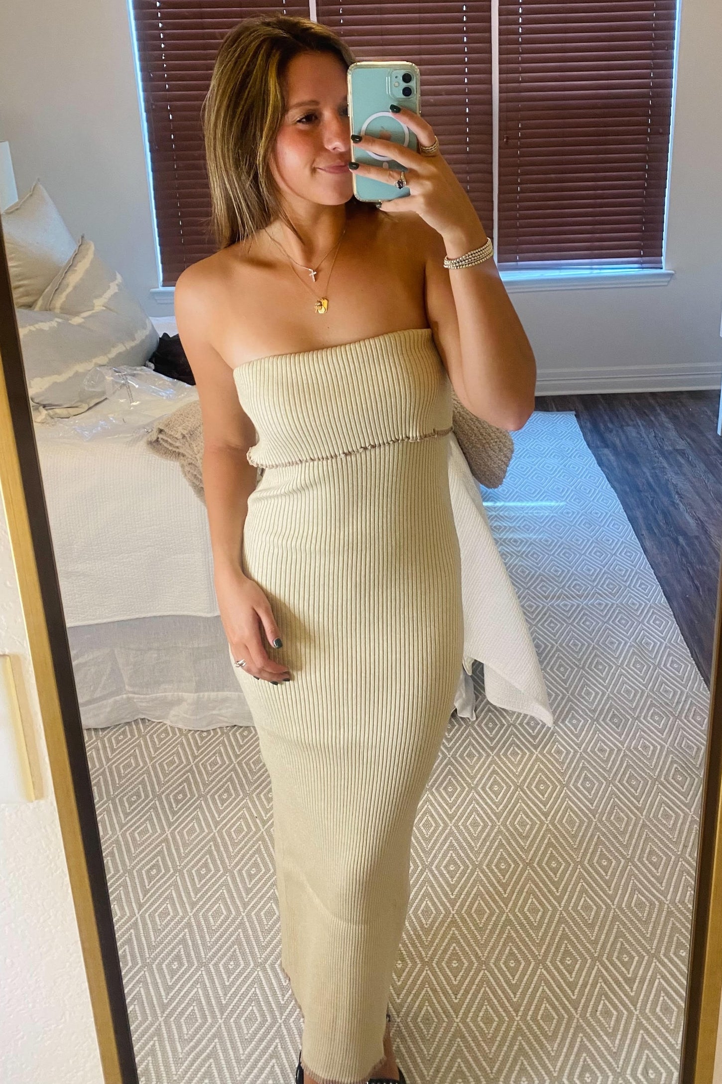 Beige Strapless Fold Over Lettuce Trim Maxi Dress