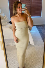 Beige Strapless Fold Over Lettuce Trim Maxi Dress