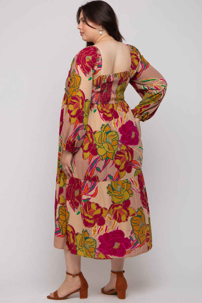 Mocha Floral Long Sleeve Maternity Plus Midi Dress