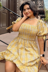 Gold Plaid Plaid Smocked Mini Dress