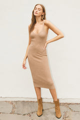 Beige Sleeveless V-Neck Sweater Dress