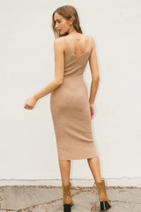 Beige Sleeveless V-Neck Sweater Dress