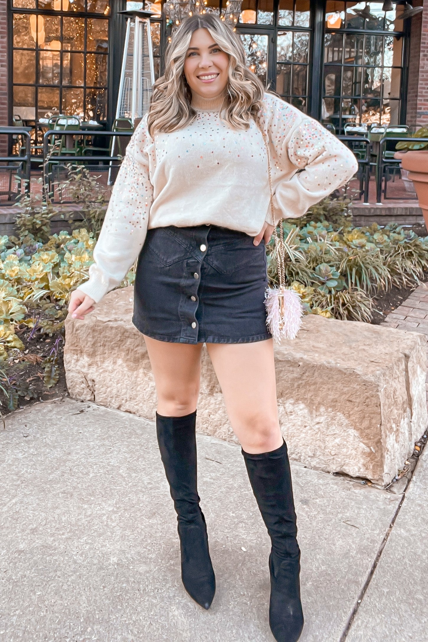 Beige Knit Sequin Mock Neck Sweater