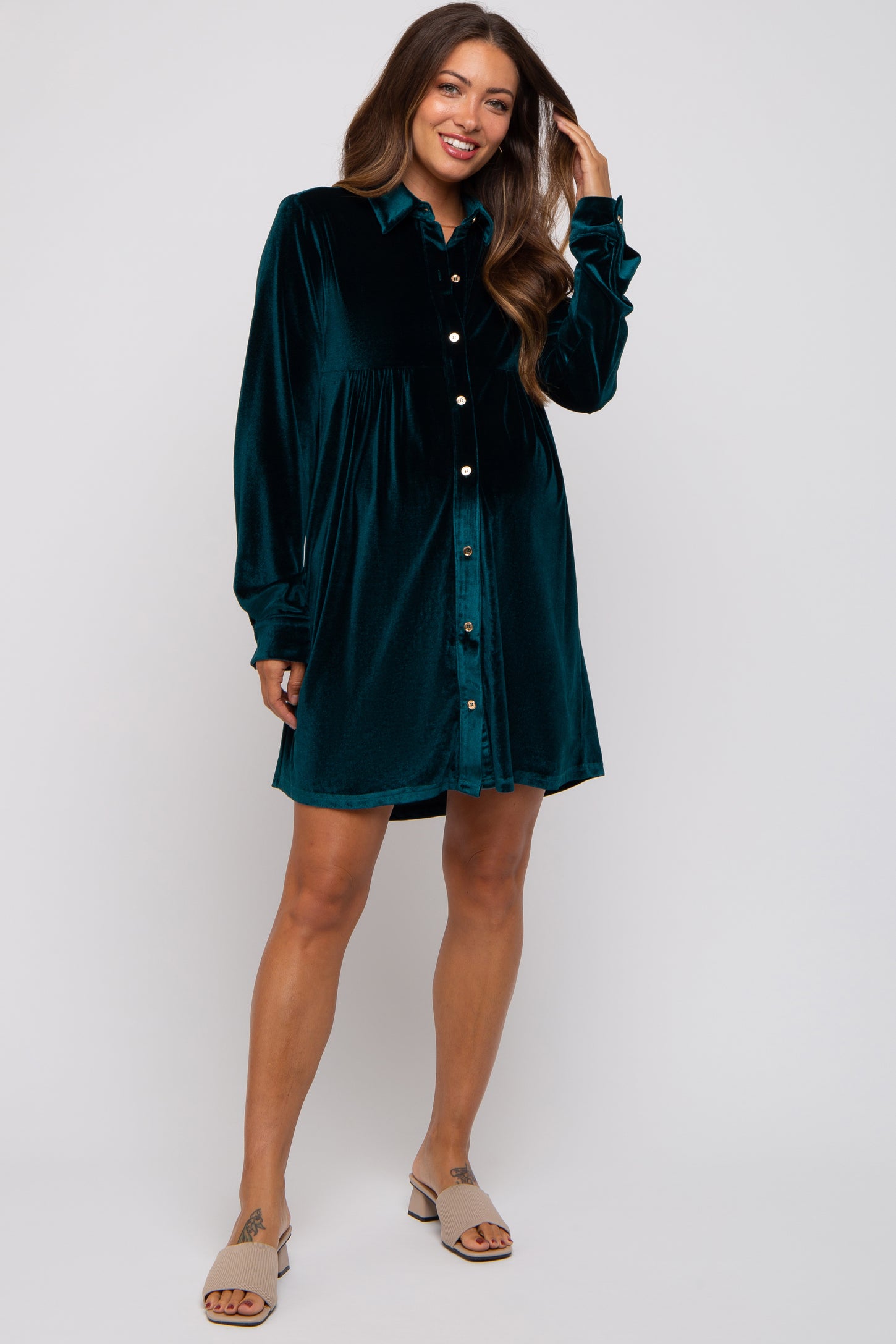 Emerald Green Velvet Button Down Maternity Dress
