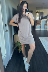 Mocha Ribbed Front Pocket Dolman Short Sleeve Dress