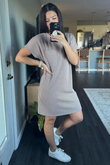 Mocha Ribbed Front Pocket Dolman Short Sleeve Dress