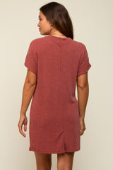 Rust Ribbed Front Pocket Dolman Short Sleeve Maternity Dress
