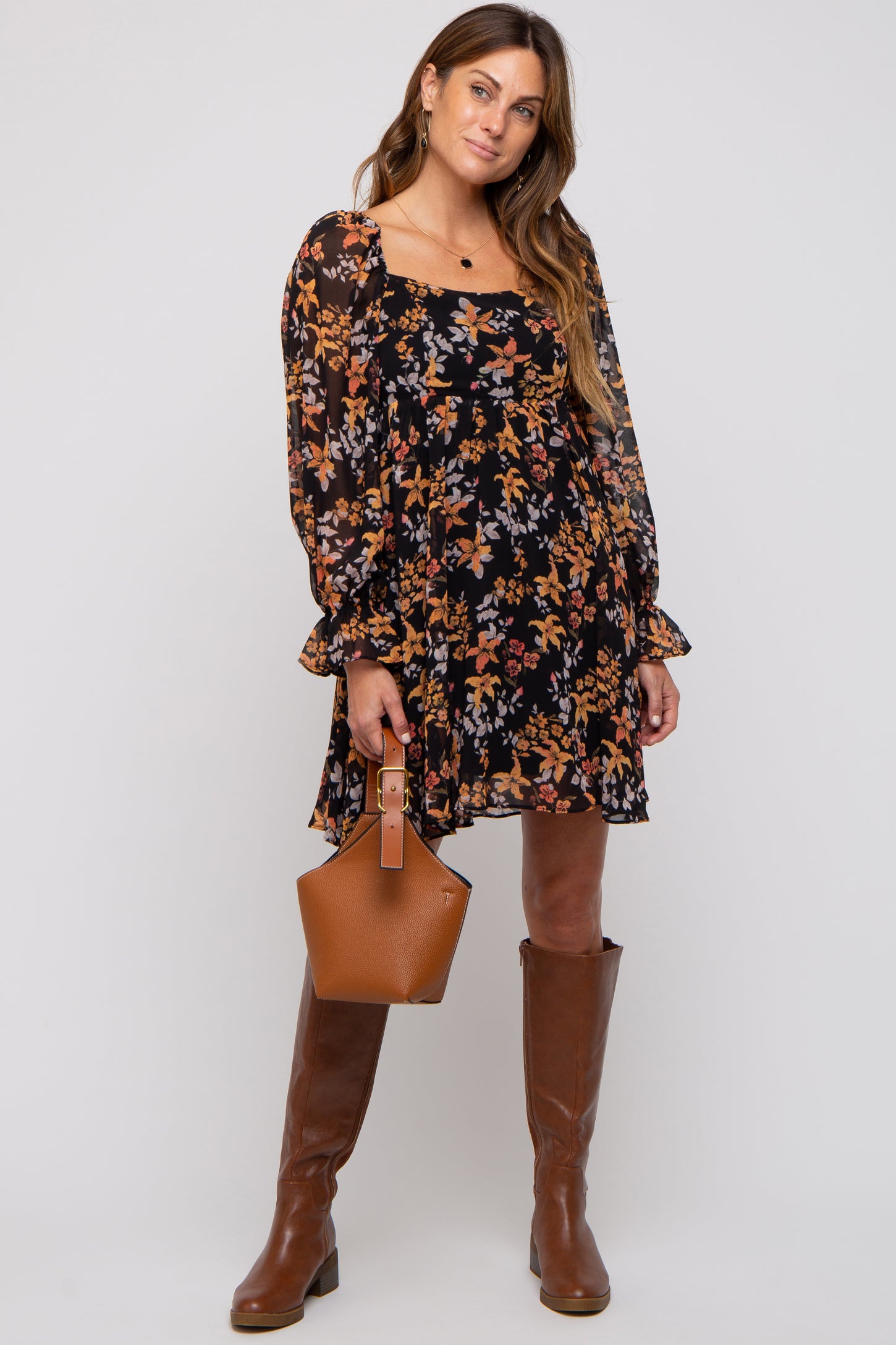 Black Floral Chiffon Square Neck Dress