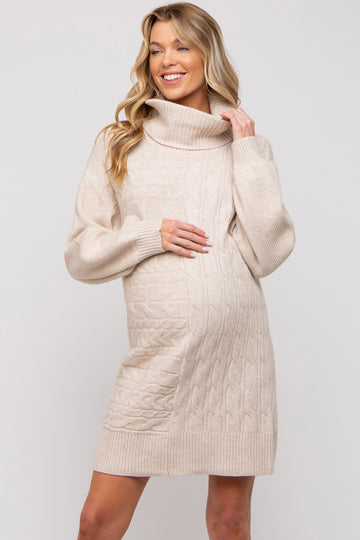 Beige Cable Knit Maternity Mini Sweater Dress