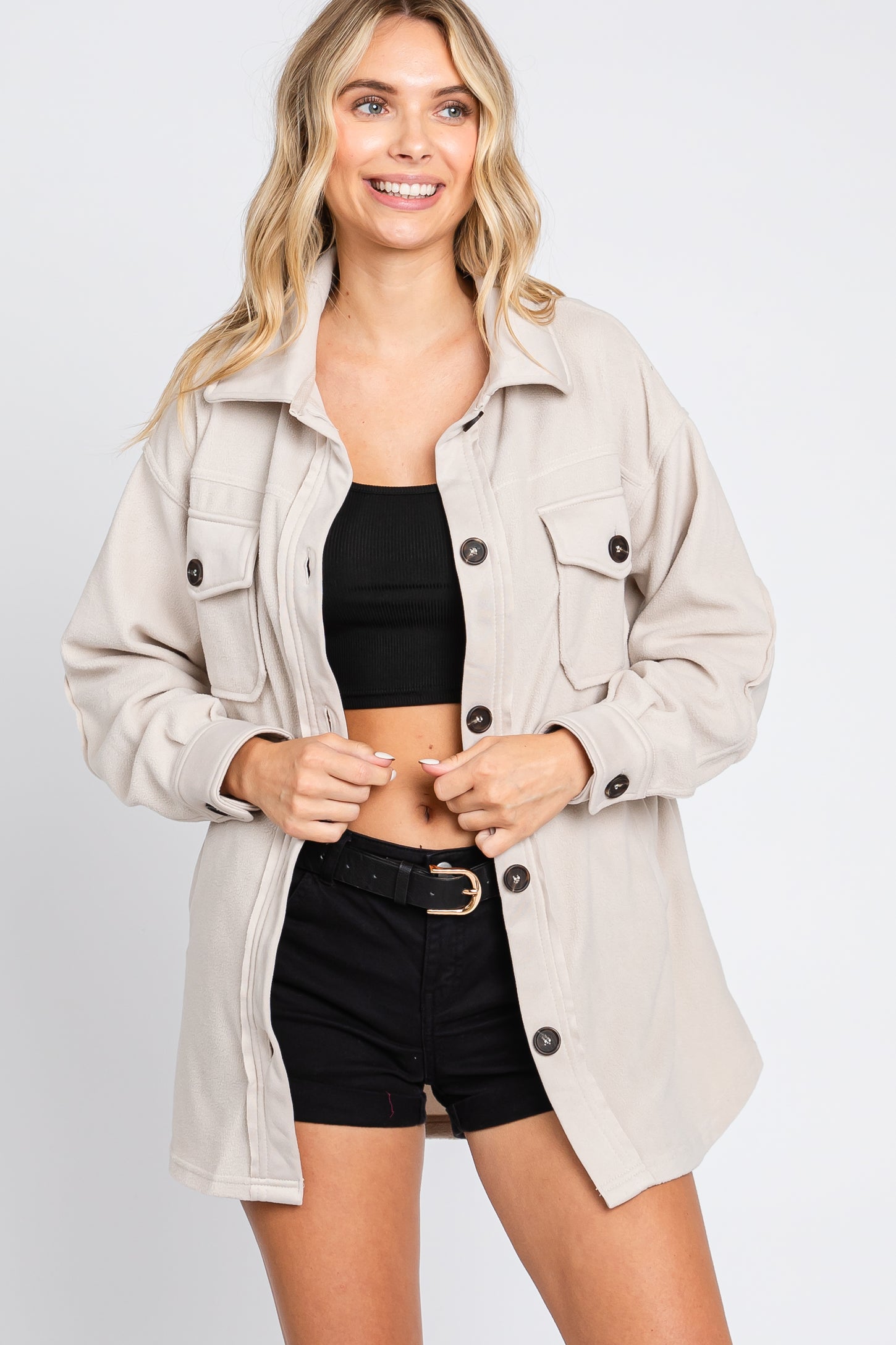 Beige Fleece Double Front Pocket Maternity Jacket