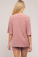 Mauve Ribbed Soft Short Sleeve Maternity Shorts Set