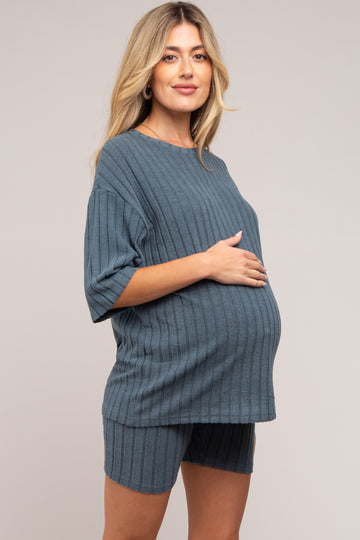 Blue Ribbed Soft Short Sleeve Maternity Shorts Set